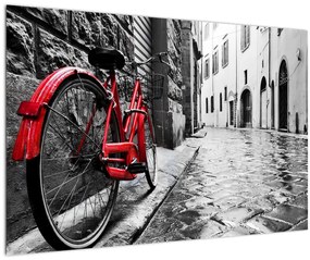Tablou - Bicicleta roșie pe o stradă pavată (90x60 cm)