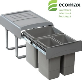 Cos gunoi incorporabil Ecomax Mega 40, cu extragere totala, colectare selectiva, gri antracit, 1 x 15 l + 2 x 7 l Polipropilena, L:356 mm; A:480 mm;