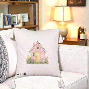 Perna Decorativa Casuta Roz Acuarela cu Gradina, 40x40 cm, Bej cu Franjuri, Husa Detasabila, Perna Inclusa, BEKZ®