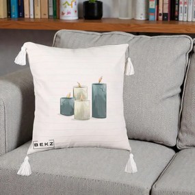 Perna Decorativa Lumanari Hygge Alb-Verde, 40x40 cm, Bej cu Franjuri, Husa Detasabila, Perna Inclusa, BEKZ®