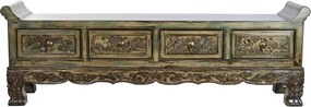 Banchetă orientală sculptată din lemn de ulm, finisaj antichizat multicolor, 4 sertare, 179 x 43 x 58 cm, „Ming"