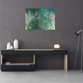 Tablou pe sticlă - Textura de beton cu frunze (70x50 cm)