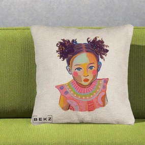Perna Decorativa Fetita Vesela Portret Colorat, 40x40 cm, Bej Canapea, Husa Detasabila, Perna Inclusa, BEKZ®