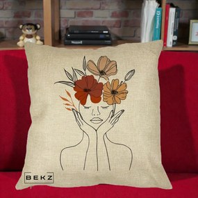 Perna Decorativa Portret Feminin Coroana Trei Flori, 40x40 cm, Crem, Husa Detasabila, Perna Inclusa, BEKZ®