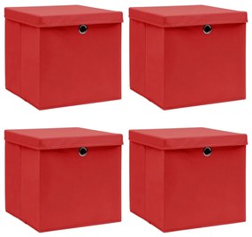 Cutii depozitare cu capace, 4 buc., rosu, 32x32x32 cm, textil 4, Rosu cu capace, 1, Rosu cu capace