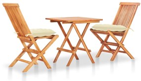 vidaXL Set mobilier de bistro, 3 piese, cu perne crem, lemn masiv tec