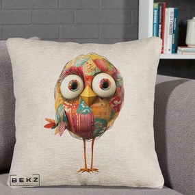 Perna Decorativa Pasare Patchwork cu Gene Lungi, 40x40 cm, Bej Canapea, Husa Detasabila, Perna Inclusa, BEKZ®