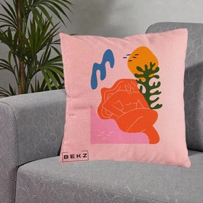Perna Decorativa Femeie Portocalie Relaxata, 40x40 cm, Roz, Husa Detasabila, Perna Inclusa, BEKZ®