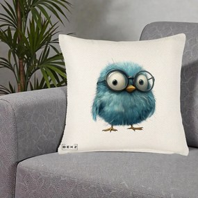 Perna Decorativa Pui Pufos Teal cu Ochelari, 40x40 cm, Crem Reliefat, Husa Detasabila, Perna Inclusa, BEKZ®