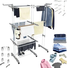 Uscător de rufe Kinghoff KH 2044, 30 m, până la 30 kg, 3 niveluri, roți, oțel, alb/gri