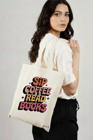 Sacosa de Panza pentru Cumparaturi, Geanta Tote, model Sip Coffee read books 38 x 34.5 cm, Alba, BEKZ®