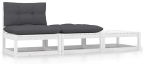 vidaXL Set mobilier de grădină cu perne, 3 piese, alb, lemn masiv pin