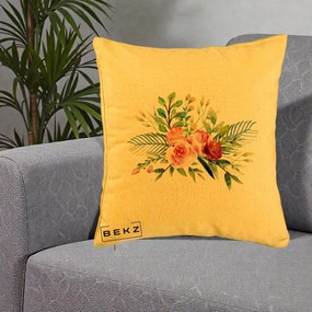 Perna Decorativa Buchet Flori Acuarela Roz-Verde, 40x40 cm, Galben, Husa Detasabila, Perna Inclusa, BEKZ®