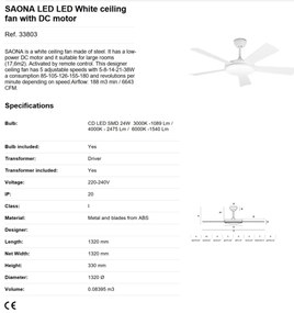 Lustra LED cu Ventilator si telecomanda design modern SAONA alb