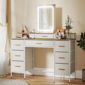 HOMCOM Masă de toaletă cu oglindă și lumini LED 3 culori, masă de machiaj 10 sertare din material textil, 118,5 x 39,5 x 140 cm natural | Aosom Romania