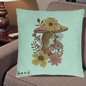 Perna Decorativa Fata Ciuperca Florala Boho, 40x40 cm, Verde Menta, Husa Detasabila, Perna Inclusa, BEKZ®