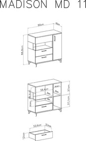 Comodă Madison MD11 cu sertar 90 cm - negru / stejar biscuiți