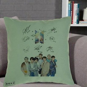 Perna Personalizata K-pop BTS Autografe Toti Membrii Fotografie, 40x40 cm, Verde, Husa Detasabila, Perna Inclusa, BEKZ®