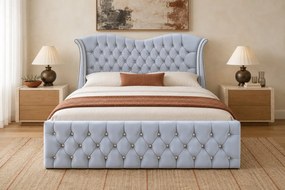 Pat tapițat Chesterfield Avella 180×200 cm, gri deschis, cu ladă de depozitare