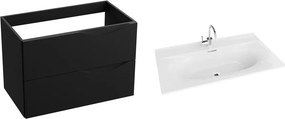 Set dulap baza suspendat Rune Asger 2 sertare 80 cm negru mat si lavoar alb