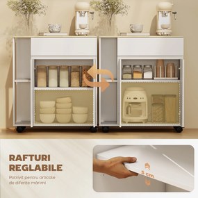 HOMCOM Cărucior Bucătărie, Insulă Bucătărie cu Sertar, Dulap, 2 Rafturi Laterale și Rafturi Reglabile, Cărucior Multifuncțional din Lemn, 78x39,5x88,5 cm, Alb și Stejar | Aosom Romania