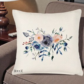 Perna Decorativa Buchet Flori Albastre Acuarela, 40x40 cm, Crem Reliefat, Husa Detasabila, Perna Inclusa, BEKZ®