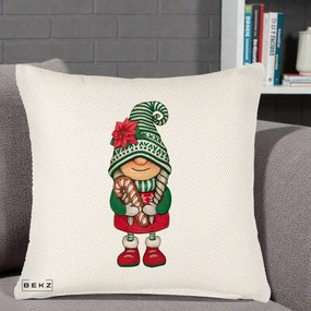 Perna Decorativa Gnom Craciun Verde cu Bomboane si Floare, 40x40 cm, Crem Reliefat, Husa Detasabila, Perna Inclusa, BEKZ®