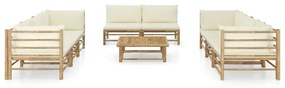 3058211 vidaXL Set mobilier de grădină, cu perne alb crem, 9 piese, bambus