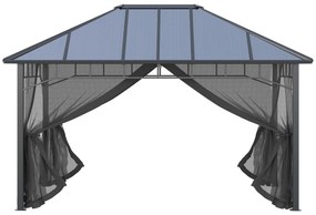Outsunny Pavilion cu acoperis rigid din policarbonat 4 x 3 (m), Pergola cu cadru din aluminiu cu plasa, pentru gradina, veranda, Gri