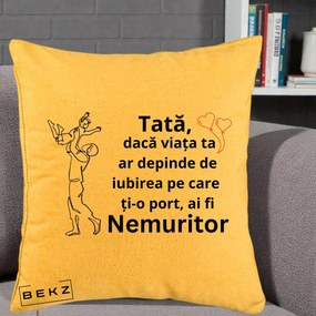 Cadou pentru Tata - Perna Personalizata Tata Nemuritor Joaca in Aer, 40x40 cm, Galben, Husa Detasabila, Perna Inclusa, BEKZ®