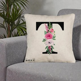 Cadou Personalizat - Perna Personalizata Monograma Florala Litera T, 40x40 cm, Bej Canapea, Husa Detasabila, Perna Inclusa, BEKZ®