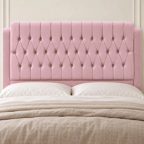 Pat tapițat Chesterfield din catifea Aveline Deluxe 140×200 cm, roz, cu ladă de depozitare