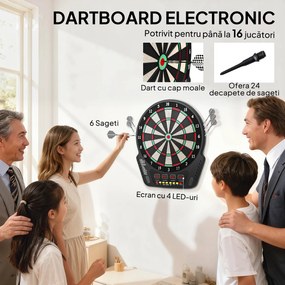 HOMCOM Țintă pentru Darts cu 6 Săgeți, Adaptor, 4 Afișaje LED și 27 de Jocuri, din ABS și PP, 44x51.5x3.2 cm, Negru | Aosom Romania