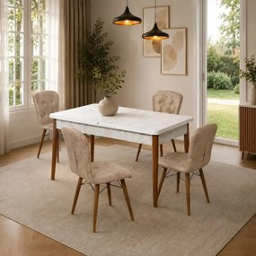 Set masa alba extensibila cu 4 scaune tapitate maro Homs Cristal 110 x 70 cm, picioare lemn