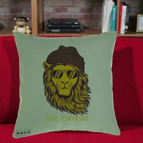 Perna Decorativa Leu Hipster Be Brave, 40x40 cm, Verde, Husa Detasabila, Perna Inclusa, BEKZ®