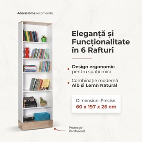 Bibliotecă Adore Base cu 6 Rafturi, Alb, 60x197x26 cm
