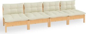 vidaXL Canapea de grădină cu 4 locuri, cu perne crem, lemn masiv pin