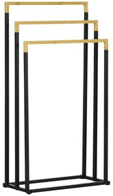 kleankin Suport pentru Prosoape cu 3 Bare din Bambus și Oțel, Design Autoportant, 45x22.5x86 cm, Negru și Lemn Natur | Aosom Romania