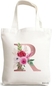 Sacosa de Panza pentru Cumparaturi, Geanta Tote, Cu litera R Rose Gold si Trandafiri, 38x34.5 cm, Alba, BEKZ®