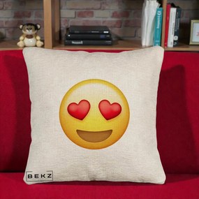 Perna Decorativa Emoji Inimi in Ochi, 40x40 cm, Bej Canapea, Husa Detasabila, Perna Inclusa, BEKZ®