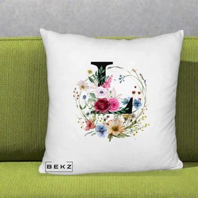 Cadou Personalizat - Perna Personalizata Monogram Litera L cu Flori Acuarela, 40x40 cm, Alb Pufos, Husa Detasabila, Perna Inclusa, BEKZ®