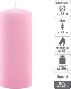 Set de lumânări tip pilon, 20 cm, Ø 7,5 cm, roz, 4 buc