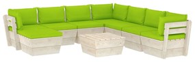 Set mobilier gradina din paleti cu perne, 9 piese, lemn molid verde aprins, 3x colt + 4x mijloc + masa + suport pentru picioare, 1