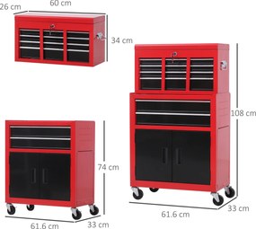 HOMCOM Cutie pentru Unelte pe Roți cu 6 Sertare, 2 în 1, Dulap Spațios cu Încuietoare, Metal, Roșu | Aosom Romania
