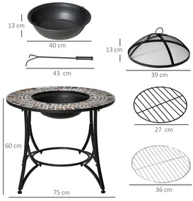 Brazier in aer liber Outsunny 3 in 1 Masuta de Gradina si Gratar pentru Barbecue din Metal si Ceramica, cu Vatrai, 75x75x60cm