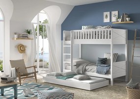 Pat supraetajat pentru copii SCOTT, alb, 90 x 200 cm, din pin scandinav și MDF, cu somiere incluse și sertar mare pentru loc de dormit suplimentar –