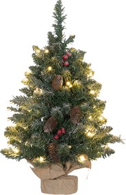 HOMCOM Mini brad de Crăciun 60 cm cu lumini integrate, 86 ramuri, conuri de pin, bobițe roșii, bază din ciment, verde | Aosom Romania