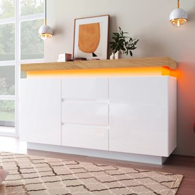 Comodă sideboard cu 2 uși și 3 sertare, iluminare LED, 140x39x81 cm, Alb
