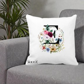 Cadou Personalizat - Perna Personalizata Monogram Litera E cu Flori Acuarela, 40x40 cm, Alba Mata, Husa Detasabila, Perna Inclusa, BEKZ®