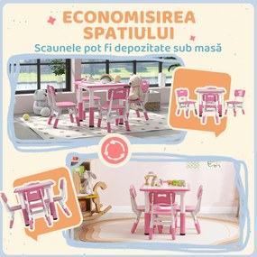 AIYAPLAY Set Masă și Scaune pentru Copii 18-60 Luni cu Înălțime Reglabilă și Tablă de Scris, 60x60x46-58 cm, Roz | Aosom Romania